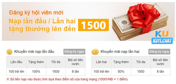 Hội viên mới nhân đôi tiền nạp ở lần đầu và lần 2