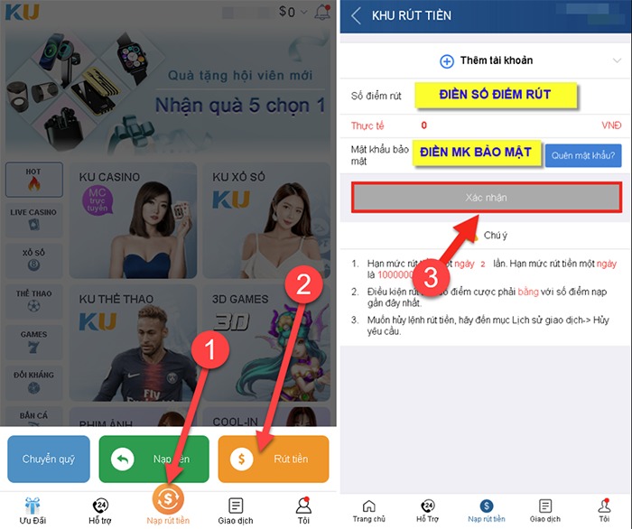 Người chơi thực hiện lệnh rút tiền Kubet trên điện thoại